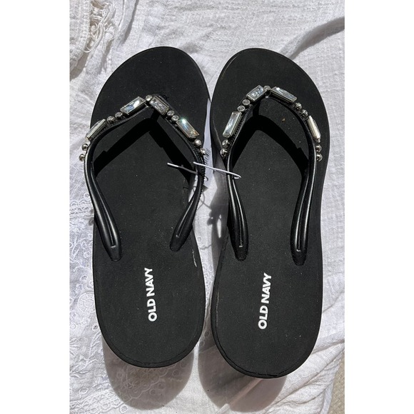 NOS Early 00’s Platform flip-flops BLACK w/ rhinestones 9 - Picture 1 of 6